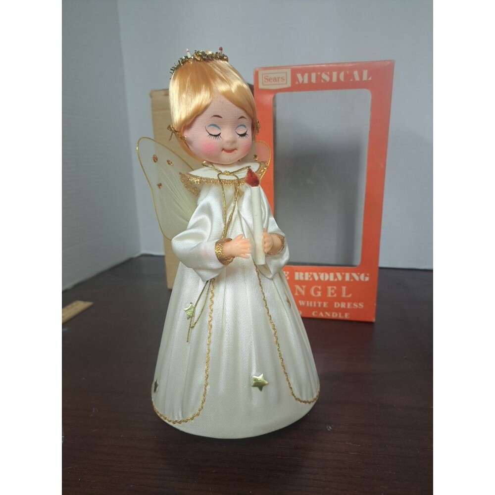 1960s Sears Musical Revolving Angel With White Dress And Candle Plays Silent...